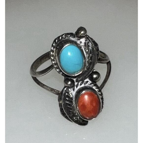 VTG 925 Sterling Silver Turquoise Coral Ring Southwest Navajo Style Leaf READ - Picture 3 of 5